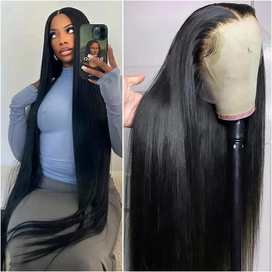 38 40 Inches 200% Density Bone Straight 13x6 HD Transparent Lace Frontal Wig